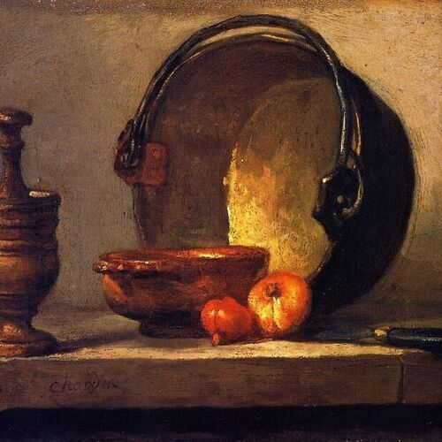 Still-Life with Pestle and Mortar, Bowl, Copper Cauldron, Onions