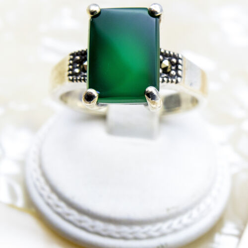 Flat Cut Onyx Stone with Marcasite set on 925 Sterling Silver Ring