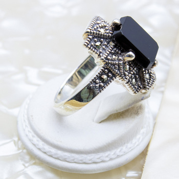 Black Onyx with Marcasite on 925 Sterling Silver Ring