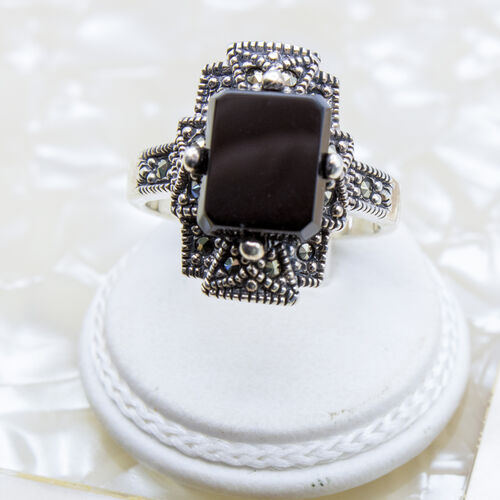 Black Onyx with Marcasite on 925 Sterling Silver Ring
