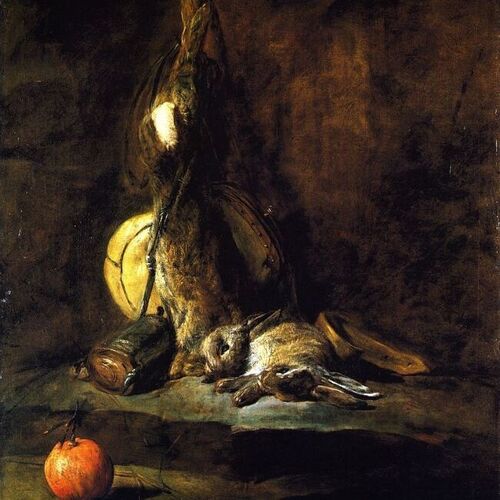 Two Rabbits with Game Bag, Powder Flask and Orange