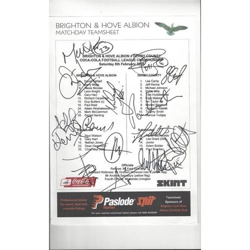 Brighton v Derby County Colour Football Team Sheet Autographed 2004/05