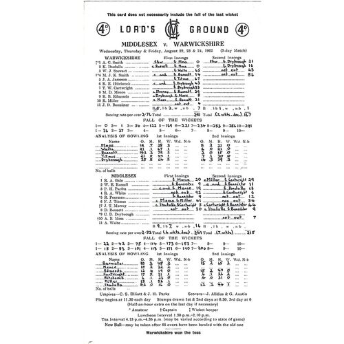 1962 Middlesex v Warwickshire County Match (22-24/08/1962) Cricket Scorecard