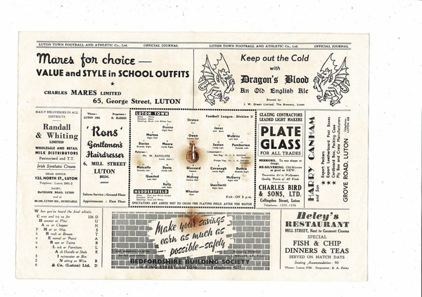 1952/53 Luton Town v Huddersfield Town Football Programme