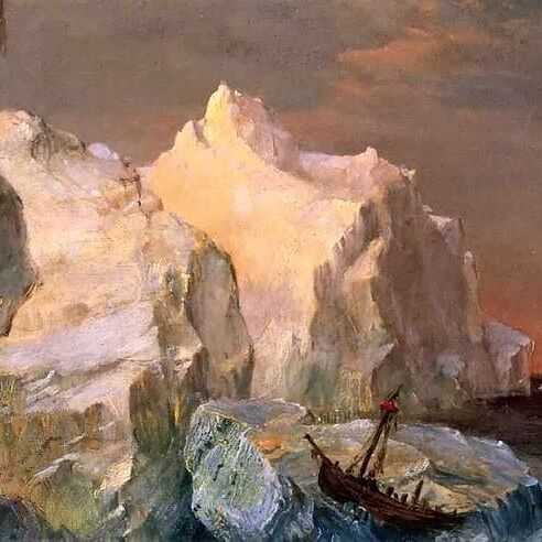 Icebergs and Wreck in Sunset