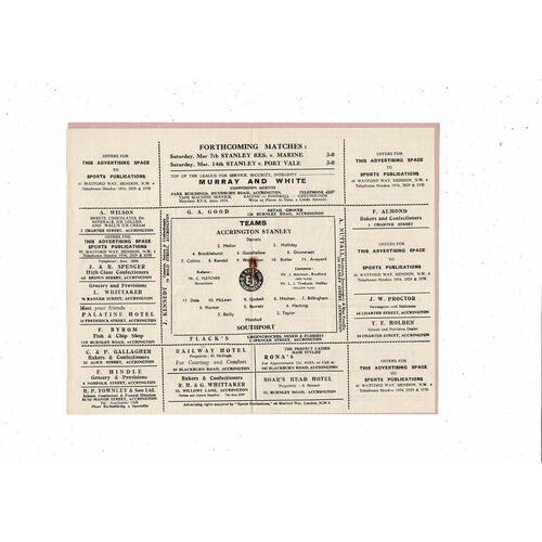 1952/53 Accrington Stanley v Southport Football Programme February 28th