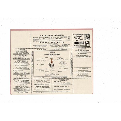 1951/52 Accrington Stanley v Hartlepool United Football Programme