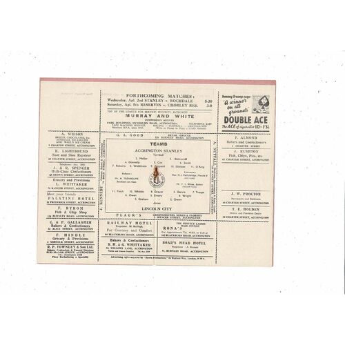 1951/52 Accrington Stanley v Lincoln City Football Programme