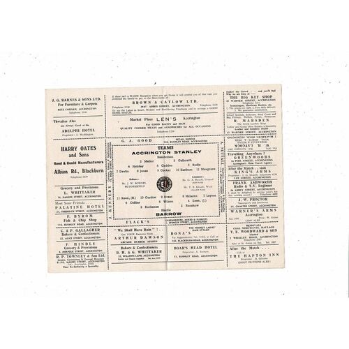 1953/54 Accrington Stanley v Barrow Football Programme September 19th