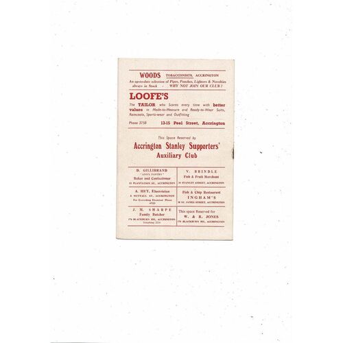 1953/54 Accrington Stanley v Barrow Football Programme September 19th