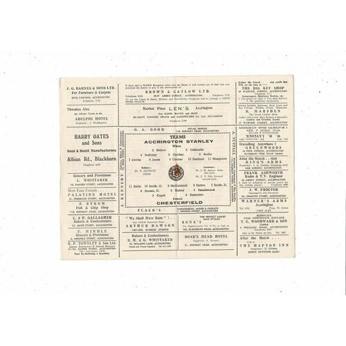 1953/54 Accrington Stanley v Chesterfield Football Programme October 3rd