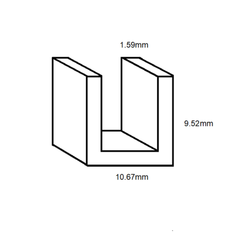 Aluminium U Channel (7.63mm internal)- 9.52mm x 10.67mm x 3.18mm- Length 3100mm