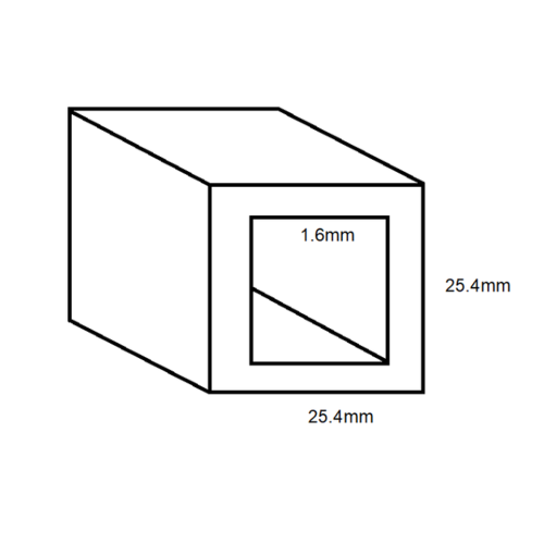 Aluminium Square Box Section- 25.4mm x 1.6mm- Length 4000mm