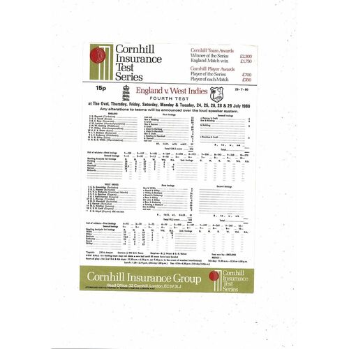 1980 England v West Indies 4th Test Match (24-29/07/1980) Cricket Scorecard + Ticket