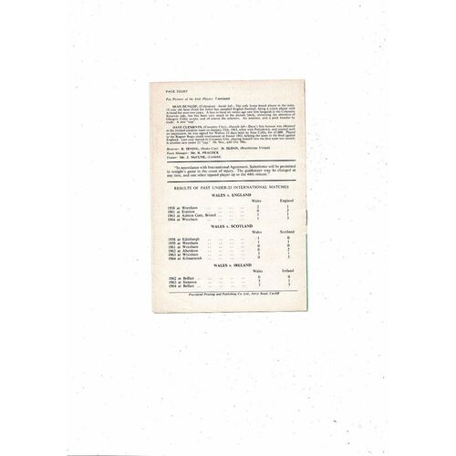 1965 Wales v Ireland U23 International Football Programme @ Cardiff City