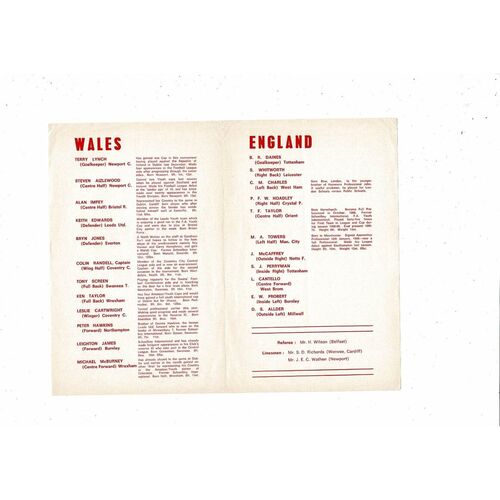 1970 Wales v England Youth International Football Programme @ Newport