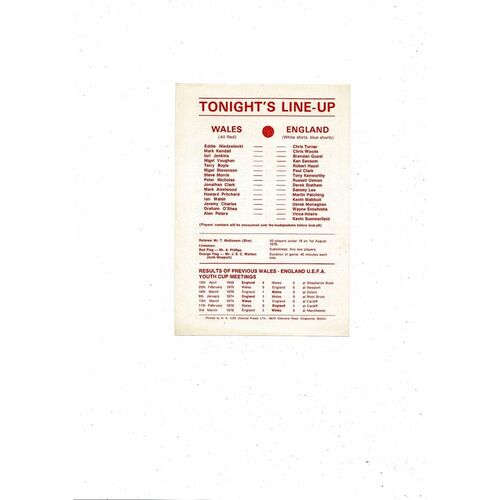 1977 Wales v England Youth International Football Programme @ Cardiff City
