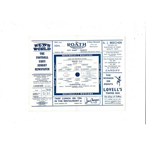 1954 Wales v Yugoslavia International Football Programme @ Cardiff City