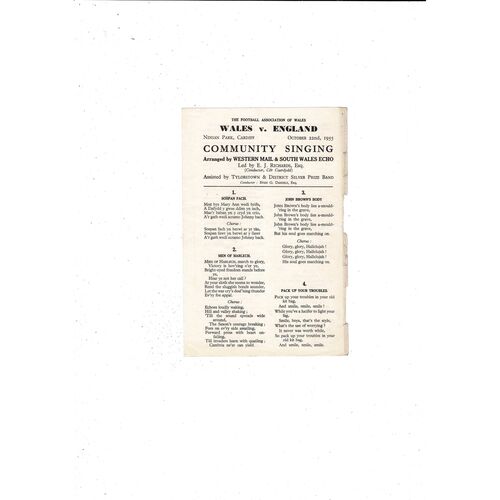 1955 Wales v England International Football Programme + Song Sheet @ Cardiff
