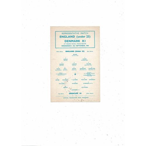 England U23 v Denmark X1 Friendly Football Programme 1960 @ Manchester City