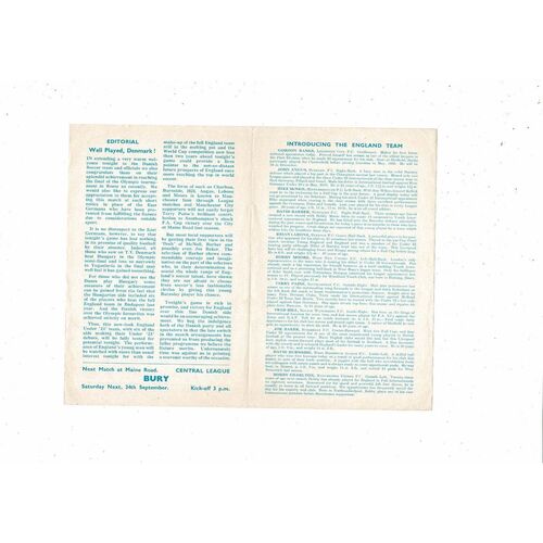 England U23 v Denmark X1 Friendly Football Programme 1960 @ Manchester City