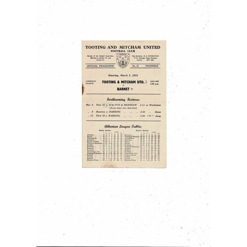 1951/52 Tooting & Mitcham United v Barnet Football Programme - Athenian League