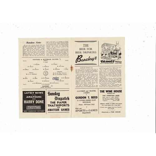 1951/52 Tooting & Mitcham United v Barnet Football Programme - Athenian League