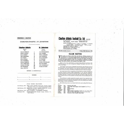 Charlton Athletic v St. Johnstone Friendly Football Programme 1969/70