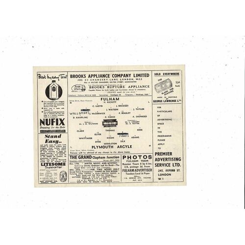 1945/46 Fulham v Plymouth Argyle Football Programme