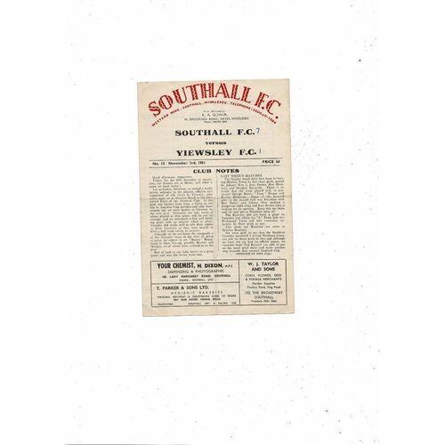 1951/52 Southall v Yiewsley Amateur Cup Football Programme