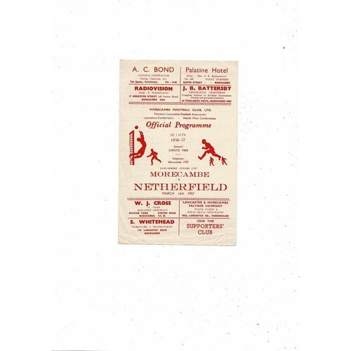 Morecambe v Netherfield Lancashire Junior Cup Football Programme 1956/57