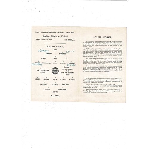 1956/57 Charlton v Watford Floodlit Cup Replay Football Programme @ Millwall