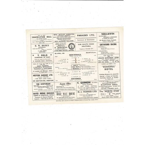 1954/55 Southall v Hendon Athenian League Football Programme