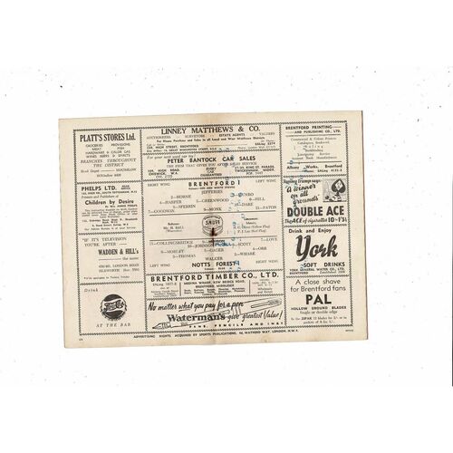 1951/52 Brentford v Nottingham Forest Football Programme