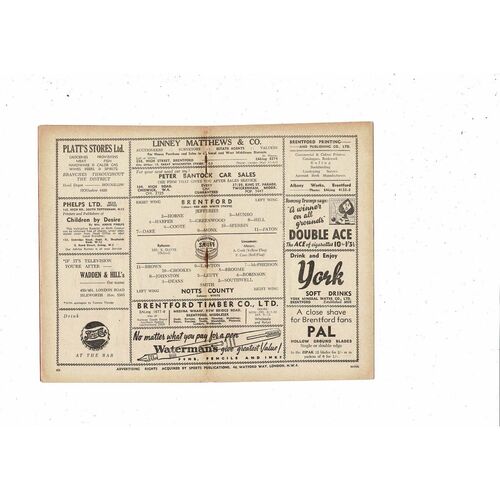 1951/52 Brentford v Notts County Football Programme