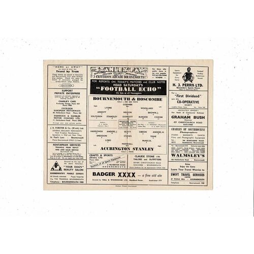 1958/59 Bournemouth v Accrington Stanley Football Programme