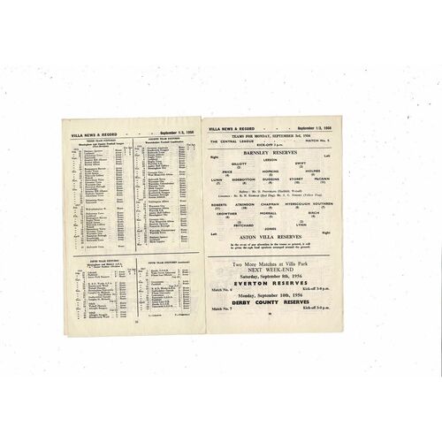 1956/57 Aston Villa v Blackpool & Barnsley Reserves Football Programme