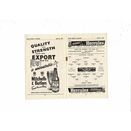 1956/57 Aston Villa v Luton Town Football Programme