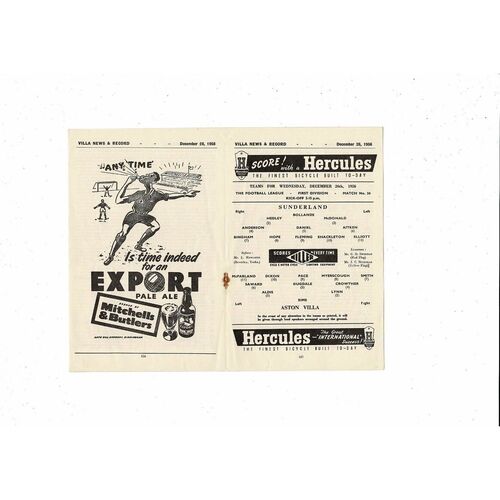 1956/57 Aston Villa v Sunderland Football Programme Dec