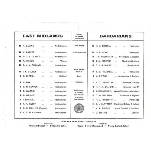 1976 East Midlands v Barbarians (04/03/1976) Mobbs Memorial Match Rugby Union Programme