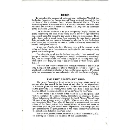 1976 East Midlands v Barbarians (04/03/1976) Mobbs Memorial Match Rugby Union Programme