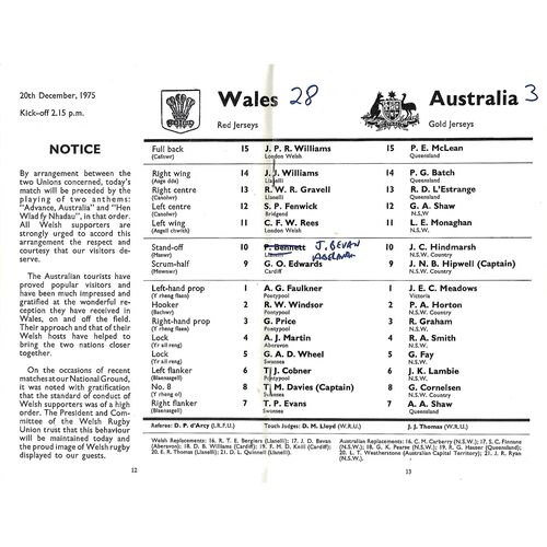 1975 Wales v Australia (20/12/1975) International Rugby Union Programme