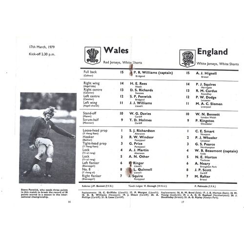 1979 Wales v England (17/03/1979) Five Nations Rugby Union Programme