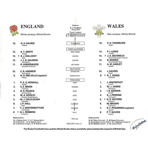 1986 England v Wales (18/01/1986) Five Nations Rugby Union Programme