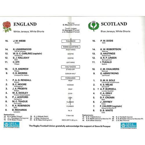 1989 England v Scotland (04/02/1989) Five Nations Rugby Union Programme
