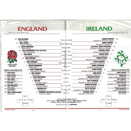 2004 England v Ireland (06/03/2004) Six Nations Rugby Union Programme
