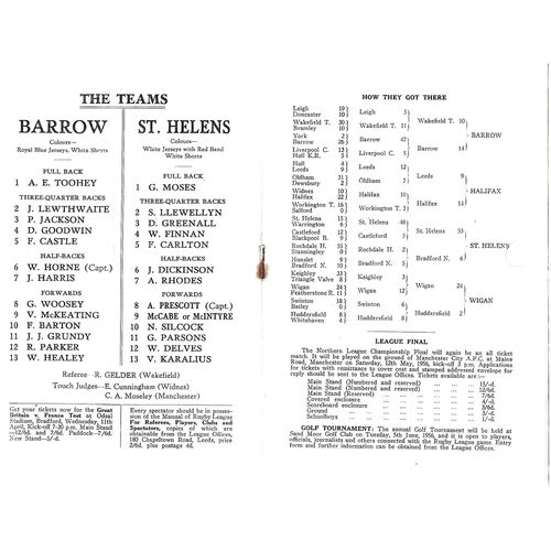 1956 Barrow v St. Helens Rugby League Challenge Cup Semi Final Programme
