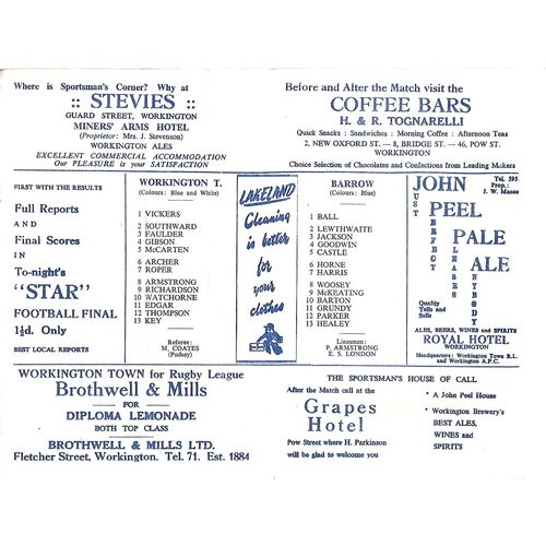 1955/56 Workington Town v Barrow Rugby League Programme