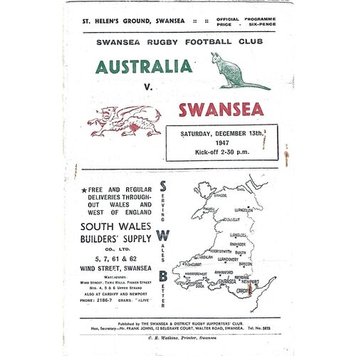 1947 Swansea v Australia (13/12/1947) Rugby Union International Tour Match Programme