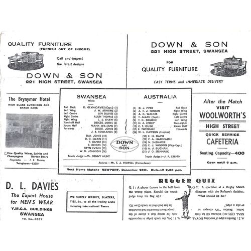 1947 Swansea v Australia (13/12/1947) Rugby Union International Tour Match Programme